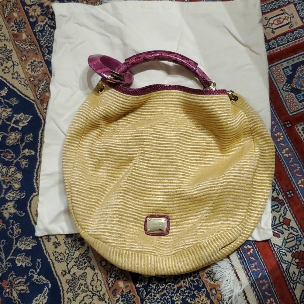 Jimmy Choo Raffia Straw Tote with Pink Purple Exotic Snakeskin Trim